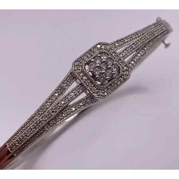 Sterling Silver ~1/2CTW Diamond Square Cluster Hinged Bangle Bracelet